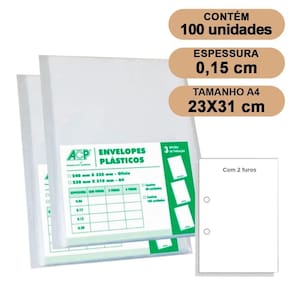 Envelope Saco Plástico A4 Acp 0,15Mm 2 Furos C/100 Grosso