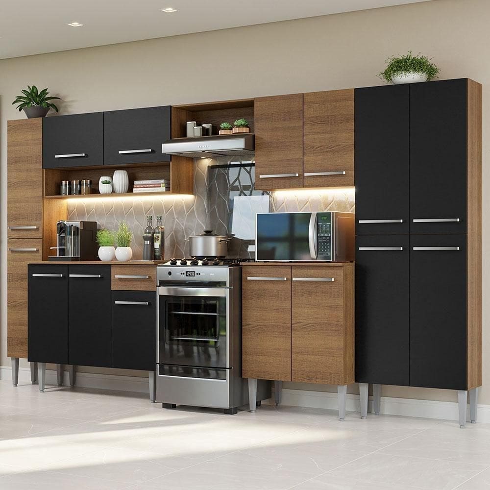 Armário De Cozinha Completa 325cm Rustic/preto/rustic Madesa