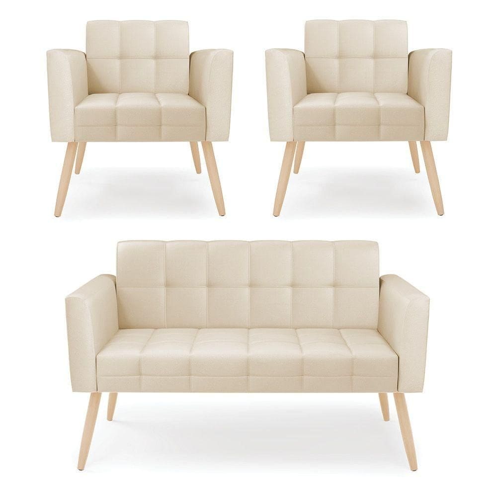 Kit 1 Sofá Namoradeira E 2 Poltronas Elisa Corino Bege Pés Palito Natural - D`rossi