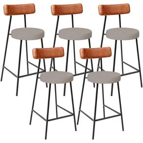 Kit 05 Banquetas Baixa Bar Cozinha Sala Jantar Milão L02 Couríssimo Camel Linho Bege -LyamDecor