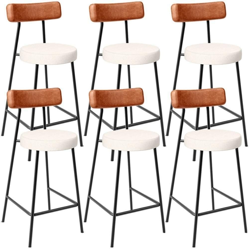 Kit 06 Banquetas Baixa Cozinha Sala Jantar Milão L02 Couríssimo Camel Linho Cru -LyamDecor