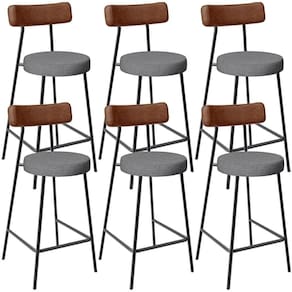 Kit 06 Banquetas Baixa Cozinha Sala Jantar Milão L02 Couríssimo Marrom Linho Cinza Escuro