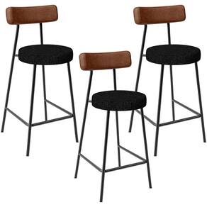 Kit 03 Banquetas Baixa Cozinha Sala De Jantar Milão L02 Couríssimo Marrom Linho Chumbo