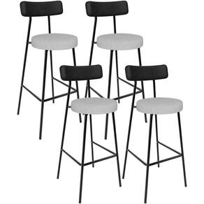 Kit 04 Banquetas Alta Bar Cozinha Sala De Jantar Milão L02 Couríssimo Preto Linho Cinza