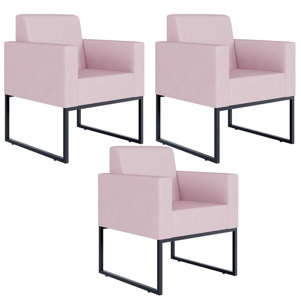 Kit 03 Poltronas Base Fixa De Metal Helô L02 Suede Rosê