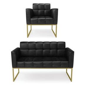Kit 1 Sofá Namoradeira E 1 Poltrona Elisa Corano Base Metálica Industrial Dourado - D`rossi Cor Preto