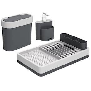Kit Pia 3 Peças Com Dispenser Escorredor Lixeira Polipropileno Linha Flat Coza Cinza Frio + Cinza Gr