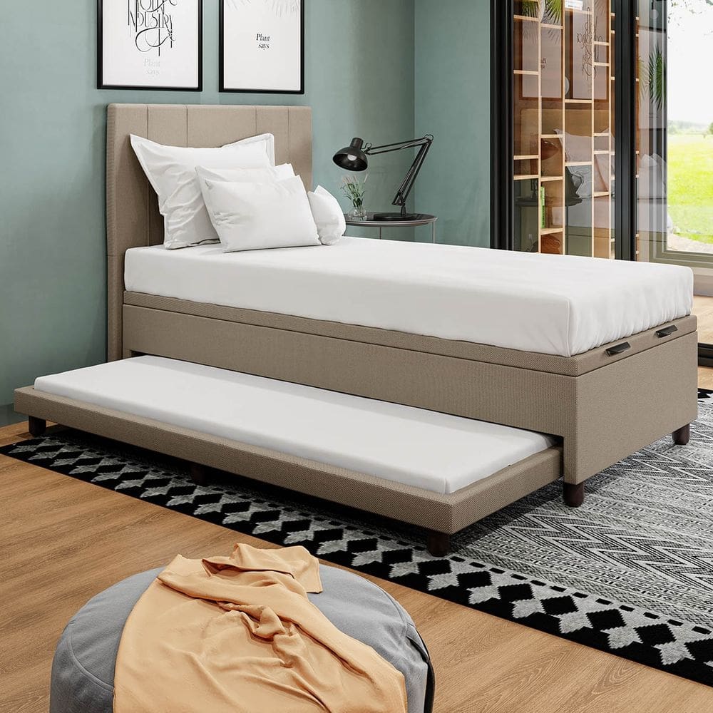 Base Cama Baú Solteirão com Cama Auxiliar Linho SkyBox