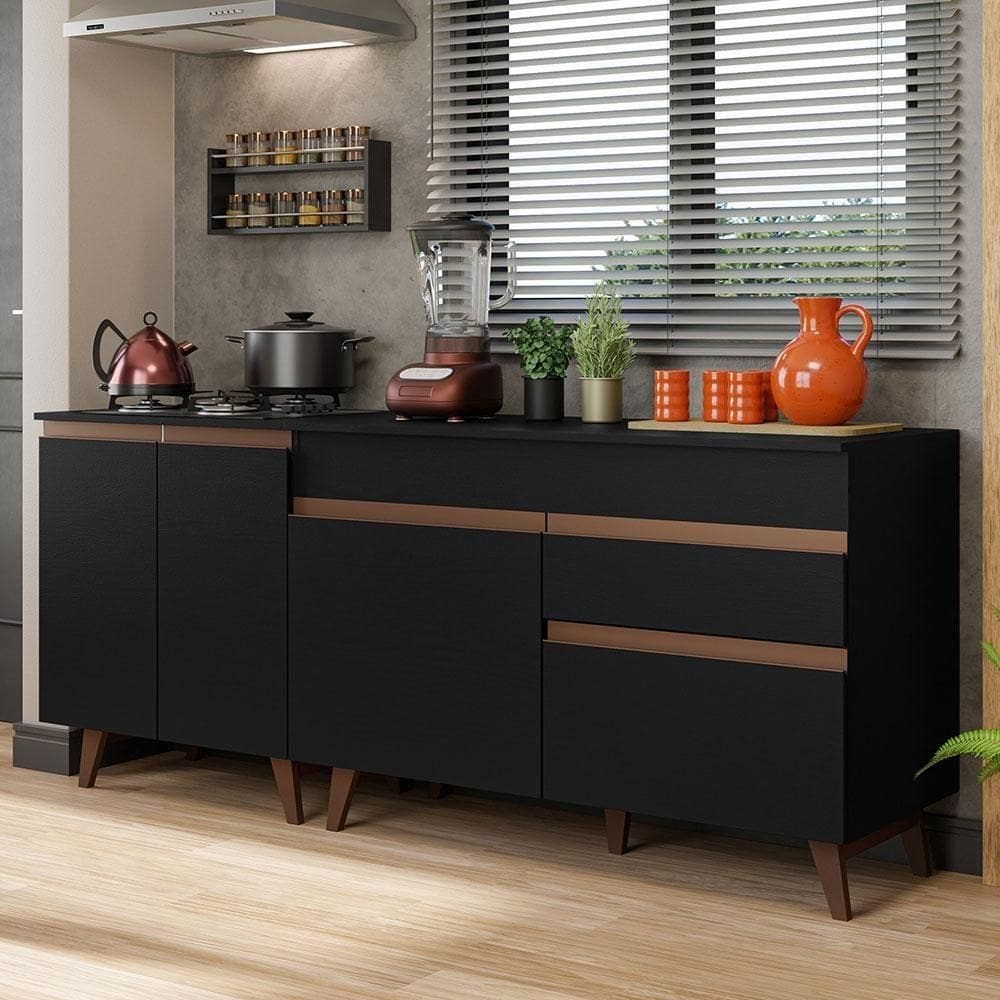 Kit Com 2 Balcões De Cozinha 4 Portas 1 Gaveta Preto Preto