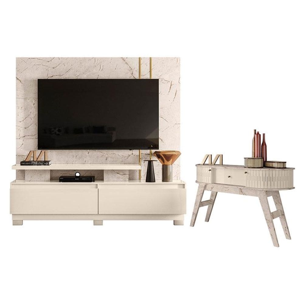 Estante Home Theater New Apolo com Pés com Aparador Estoril Calacata Off White – Madetec