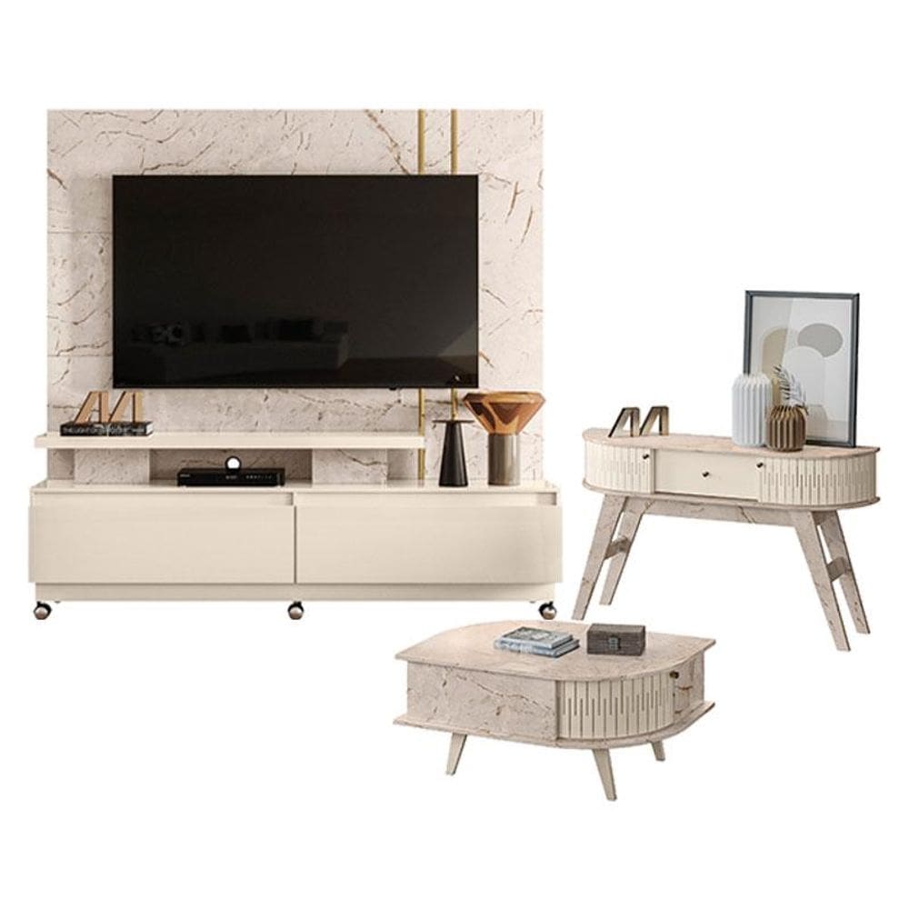 Estante Home Theater New Apolo com Rodízios com Aparador Estoril e Mesa de Centro Indianápolis Calacata Off White – Madetec