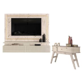 Estante Home Theater Suspenso Gaia com Aparador Estoril Calacata Off White - Madetec