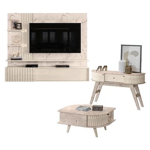 Estante Home Theater Suspenso Atena com Aparador Estoril e Mesa de Centro Indianápolis Calacata Off White - Madetec