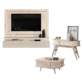Estante Home Theater Suspenso Gaia com Aparador Estoril e Mesa de Centro Indianápolis Calacata Off White - Madetec