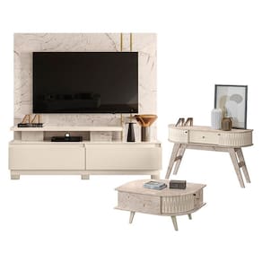 Estante Home Theater New Apolo com Pés com Aparador Estoril e Mesa de Centro Indianápolis Calacata Off White - Madetec