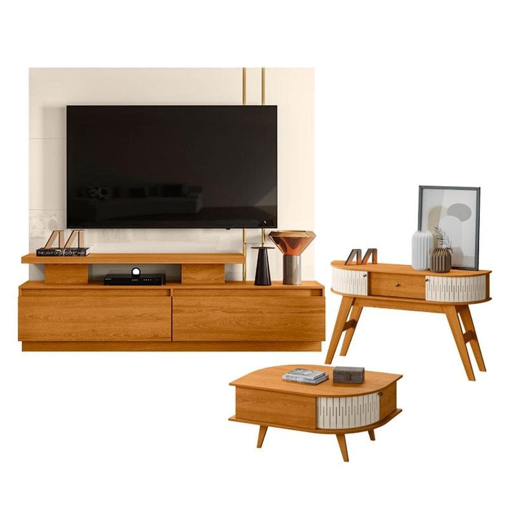 Estante Home Theater New Apolo com Aparador Estoril e Mesa de Centro Indianápolis Cinamomo Off White – Madetec