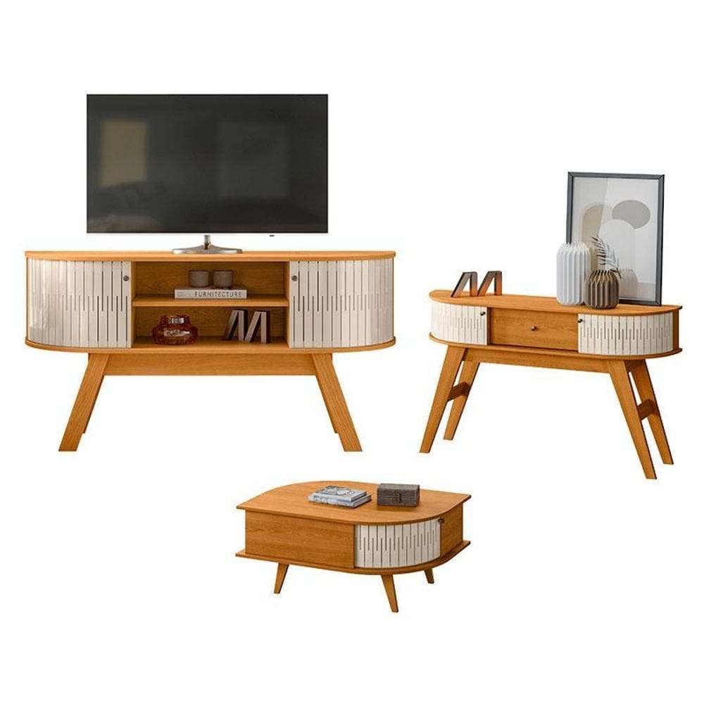 Rack Bancada Atlanta e Aparador Estoril com Mesa de Centro Indianápolis Cinamomo Off White - Madetec