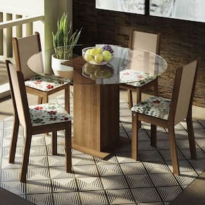Conj. Mesa Tampo De Vidro 4 Cadeiras Rustic/Crema/hibiscos