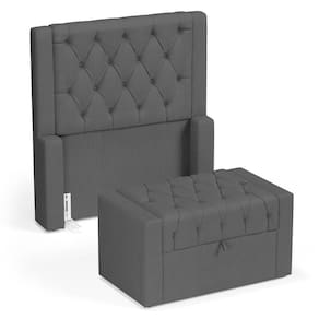 Cabeceira e Calçadeira Báu Solteiro Atena 90cm Capitonê Linho Cinza Escuro - Desk Design