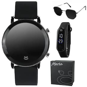Oculos Protecao Uv + Relogio Digital Aço Inox Redondo Preto Pulseira Ajustavel Casual Silicone