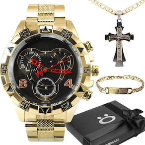 Relogio Prova Dagua Banhado + Caixa + Cordão Cruz + Pulseira Social Robusto Ouro