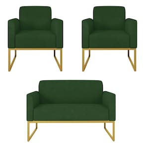 Kit Namoradeira E 2 Poltronas Dourada Suede Verde