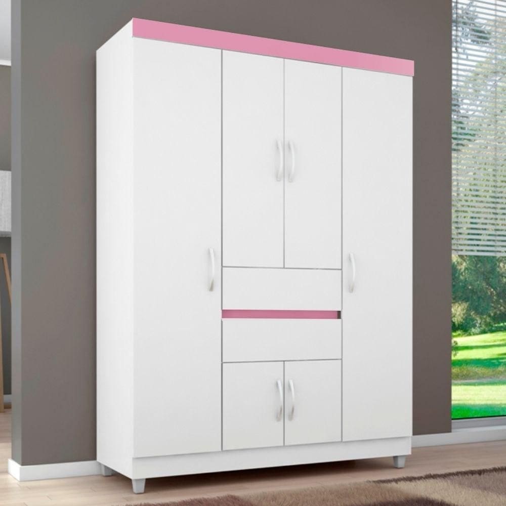 Guarda Roupa 6p Dresden Branco/rosa/branco