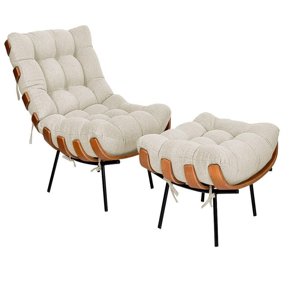 Kit Poltrona E Puff Costela Pés Fixo Linho