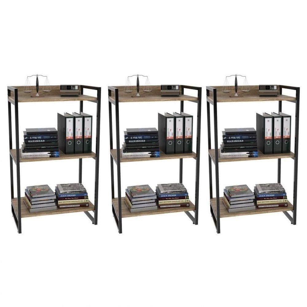 Kit 3 Estantes Livreiro Multiuso Prisma Estilo Industrial 60cm 3 Prateleiras C08 Carvalho
