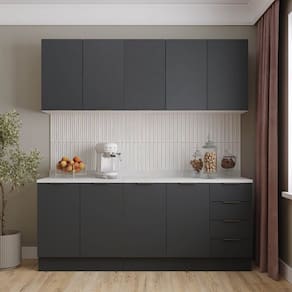 Cozinha Modulada 4 Peças com Tampo com Rodapé 2 Aéreos e 2 Balcões Ipanema Cabecasa Madeiramadeira Grafite Trama