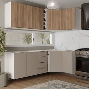 Cozinha Modulada 8 Peças sem Tampo sem Rodapé 4 Aéreos e 4 Balcões Ipanema Cabecasa Madeiramadeira Cinza Trama/ Acácia