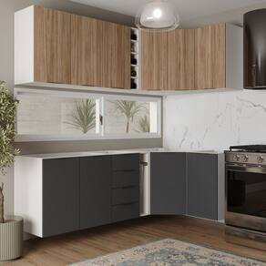 Cozinha Modulada 8 Peças sem Tampo sem Rodapé 4 Aéreos e 4 Balcões Ipanema Cabecasa Madeiramadeira Grafite Trama/ Acácia
