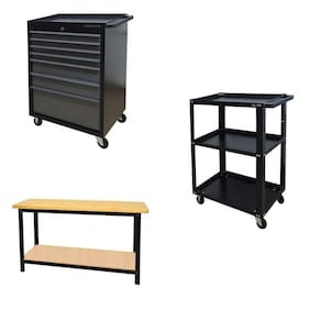 Conjunto 2 Carros Profissional 7 Gavetas 1 Bancada Profissional de 150cm para Ferramentas Presto Preto