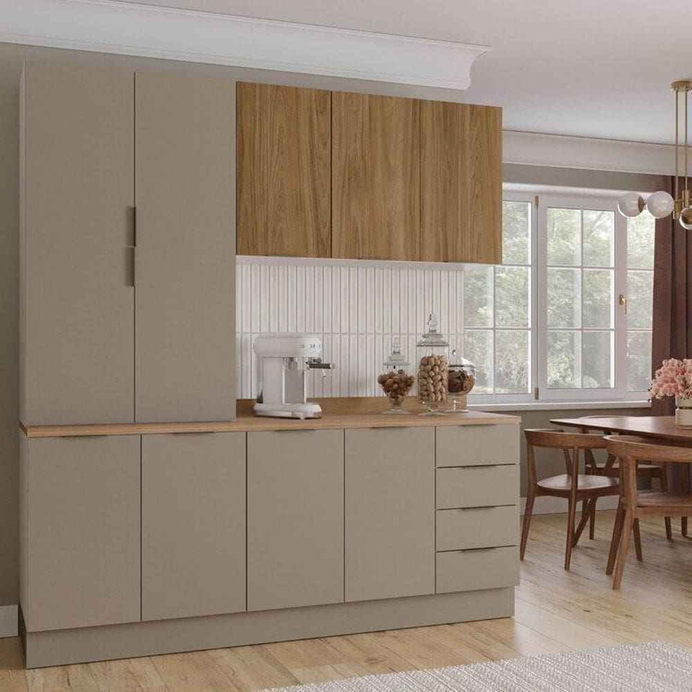 Cozinha Modulada 4 Peças com Tampo com Rodapé 2 Aéreos e 2 Balcões Ipanema Cabecasa Madeiramadeira Cinza Trama/ Acácia
