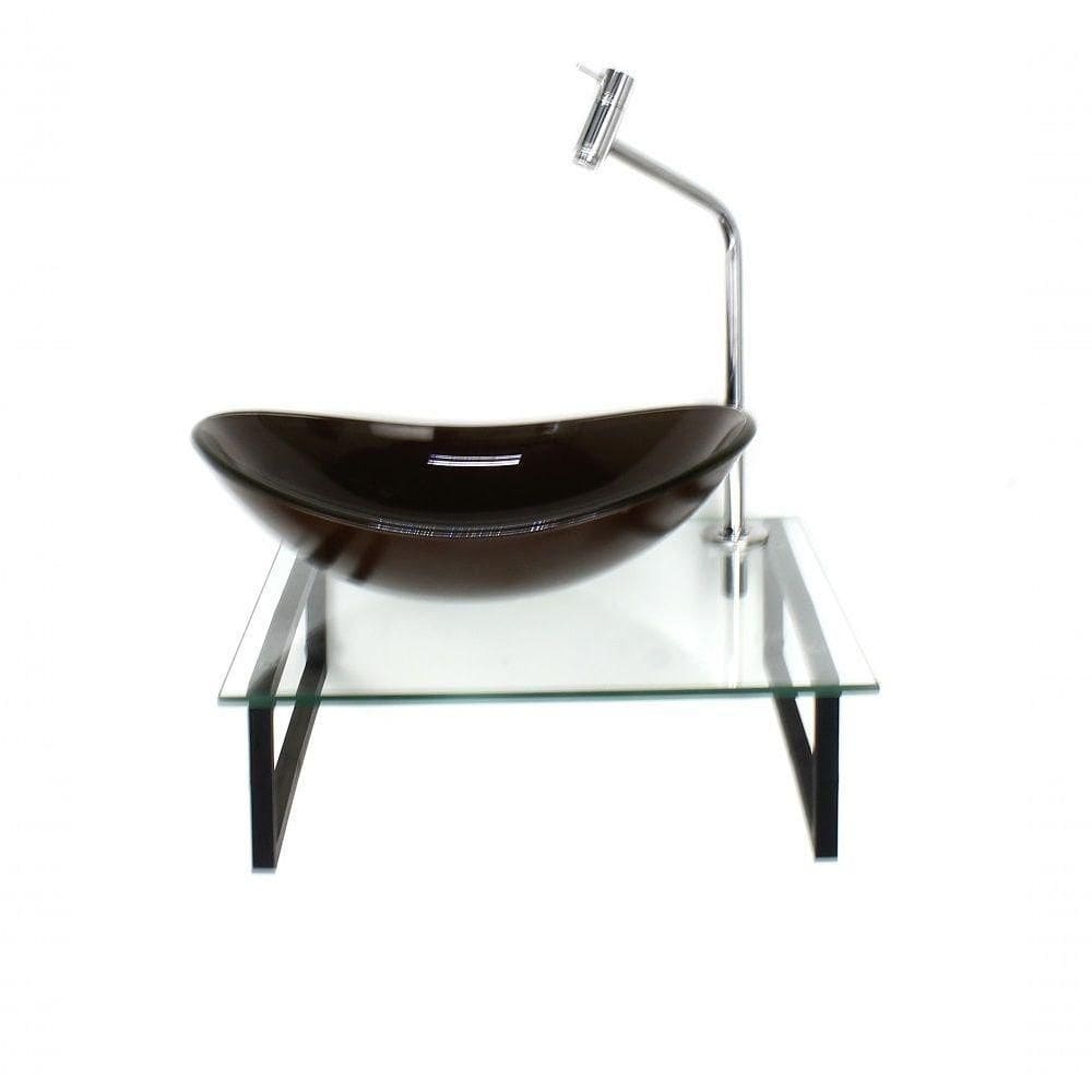 Kit Cuba De Vidro Marrom Com Tampo 40cm E Suporte Preto