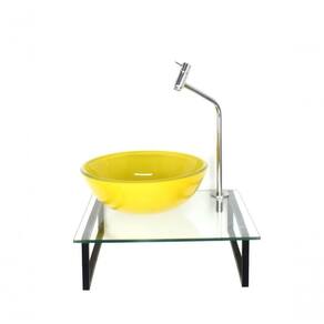 Kit Cuba De Vidro Redonda 10mm Amarelo Tampo 40cm Incolor Com Suporte Torneira Valvula