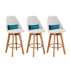 Kit 3 Banquetas Linho Bege E Almofada Azul Turquesa