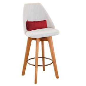 Banqueta Com Encosto Linho Bege E Almofada Suede Vermelho