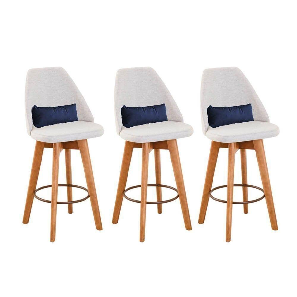 Kit 03 Banquetas Bege Claro E Almofada Corino Azul Marinho