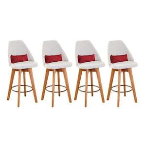 Kit 04 Banquetas Linho Bege E Almofada Sintético Vermelho