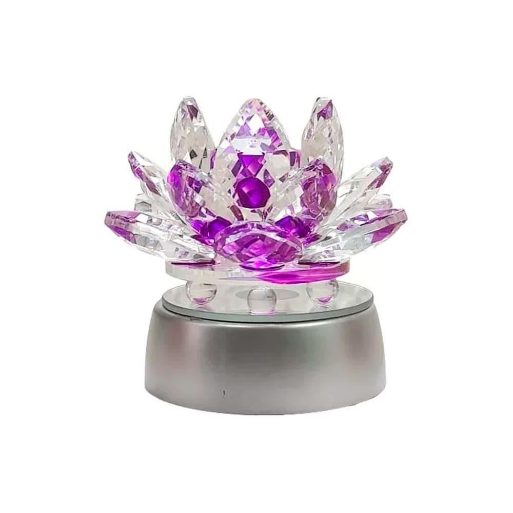 Enfeite Escultura de Vidro Flor de Lotus de 13CM Com Base Espelhada Led RGB Enfeite de Cristal