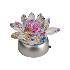 Enfeite Escultura Vidro Flor Lotus 13Cm Base Espelhada Led