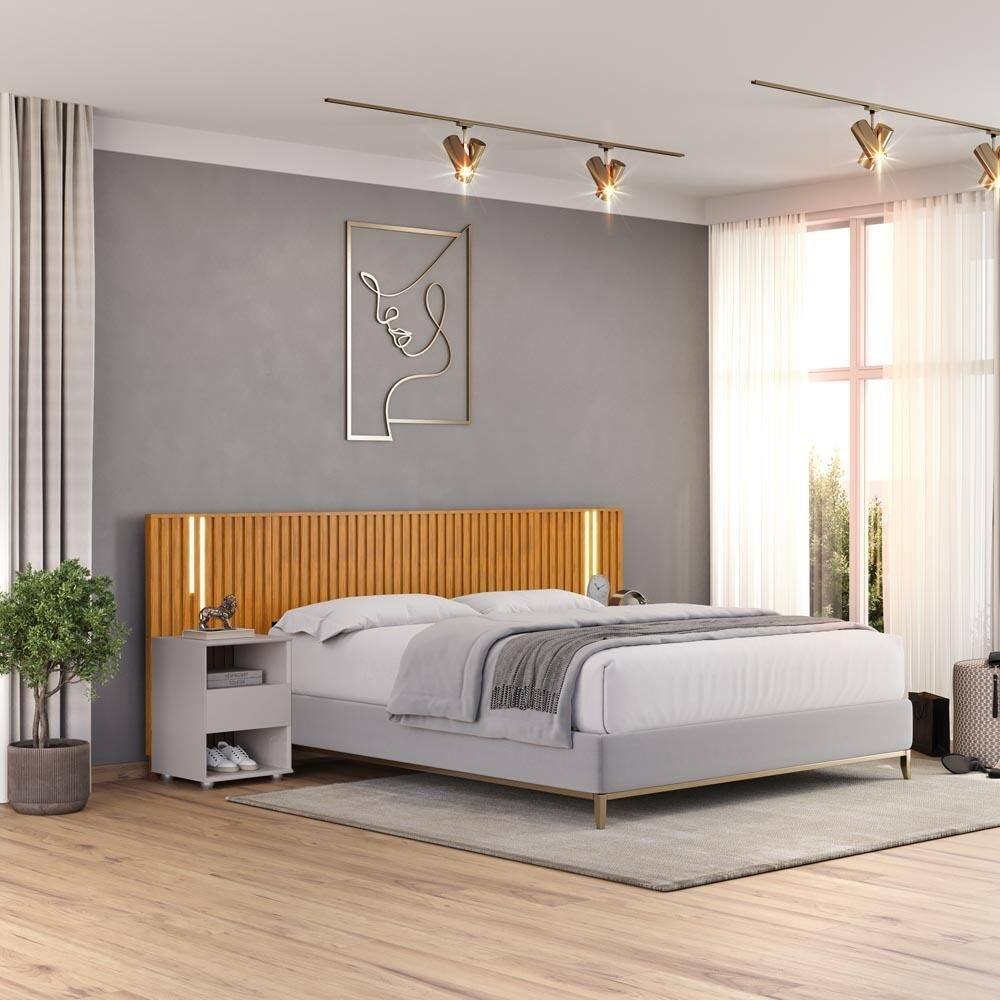 Cabeceira De Cama Queen Com Led E Mesas De Cabeceira Alice Ype Bali Shop JM - Marrom
