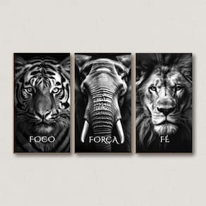 Quadro Decorativo Foco Força Fé Tigre Elefante Leão Animais
