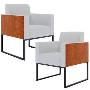 Kit 02 Poltronas Sala Base Metal Linho Cinza Camel