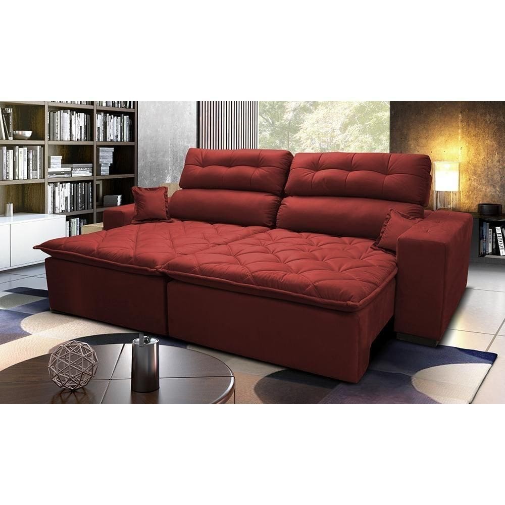 Sofá 2,62m Retrátil E Reclinável Com Molas Cama Inbox Confort Tecido Suede Velusoft Vermelho