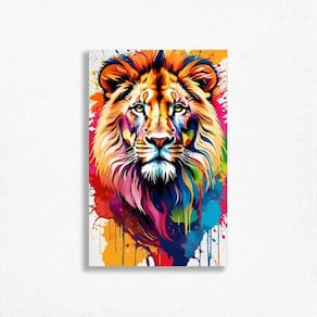 Quadro Decorativo Leão Rei Cores Arco-Íris Colororido Animal