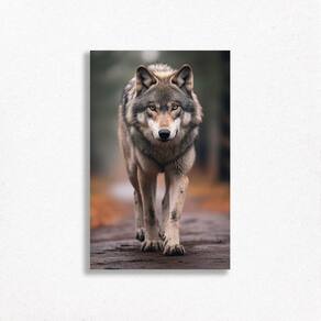 Quadro Decorativo Lobo Foco, Determinação Cinza Floresta
