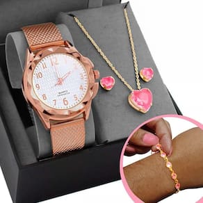 Caixa + Relogio Feminino Prova Dagua Banhado + Colar + Pulseira Presente Moda Zirconia Social Rose