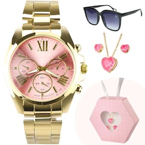 Colar Brincos + Relogio Feminino Banhado Aço Qualidade Rosa Social Casual Presente